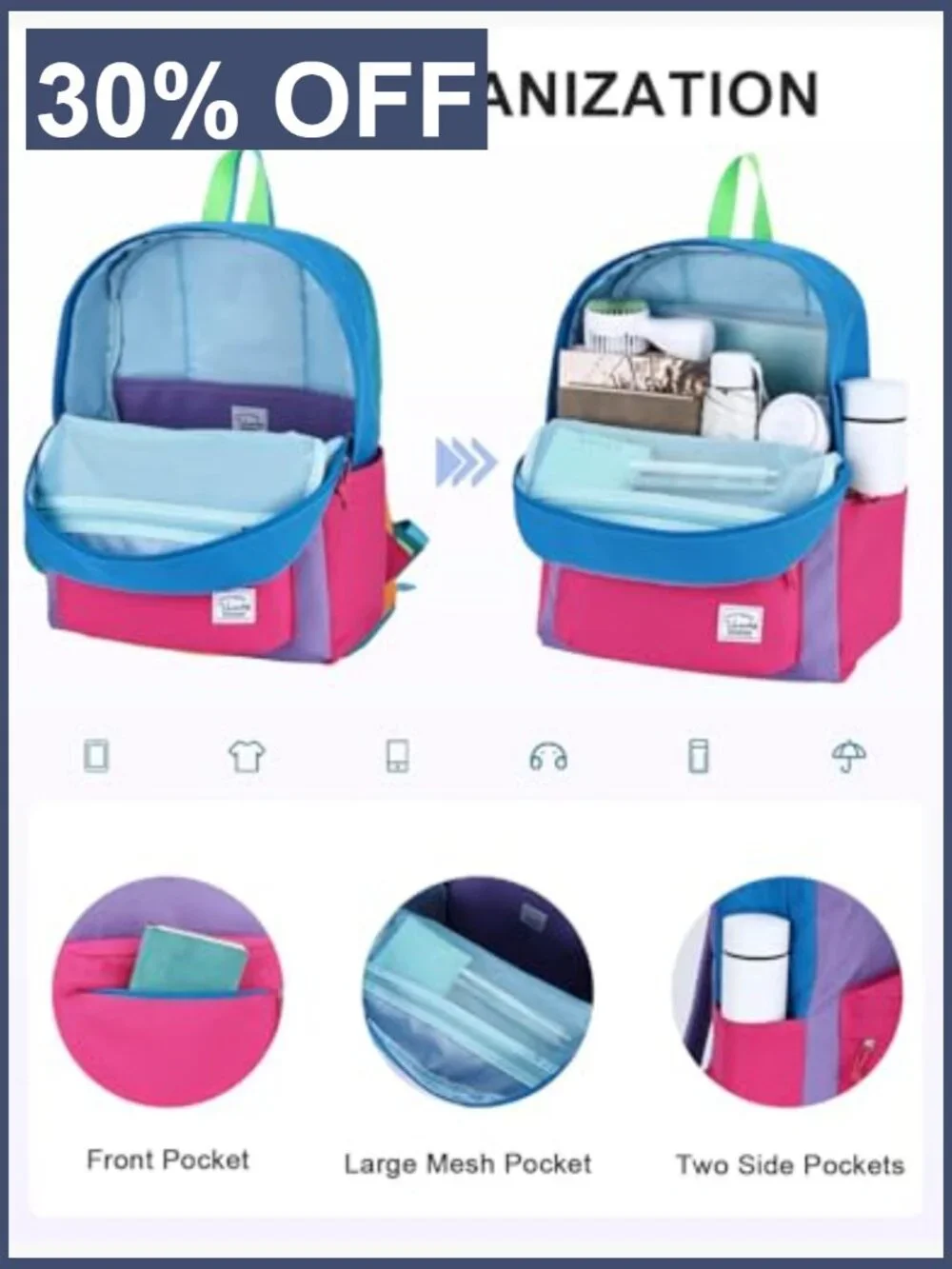 Water Resistant Backpack for School, Lightweight Bookbag with Side Pockets